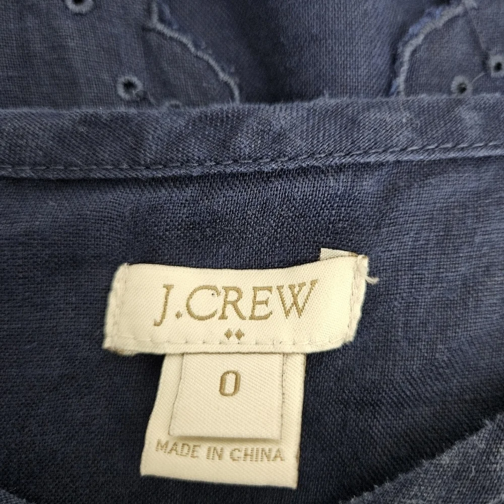 J.CREW Shirt Linen Navy Blue Scalloped Eyelet Tulip Back Short Sleeve Top 0
